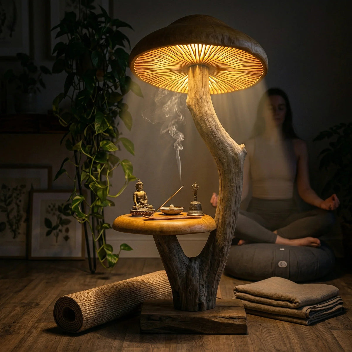 Curved driftwood mushroom floor lamp with glowing cap on reclaimed wood base in cozy meditation room