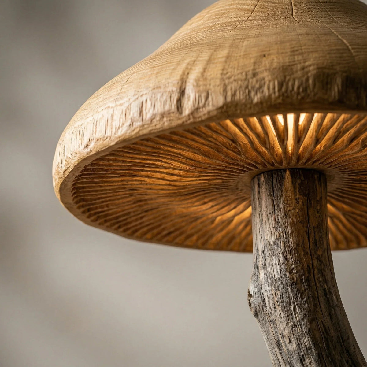 Curved driftwood mushroom floor lamp with wide wood cap and glowing gill details
