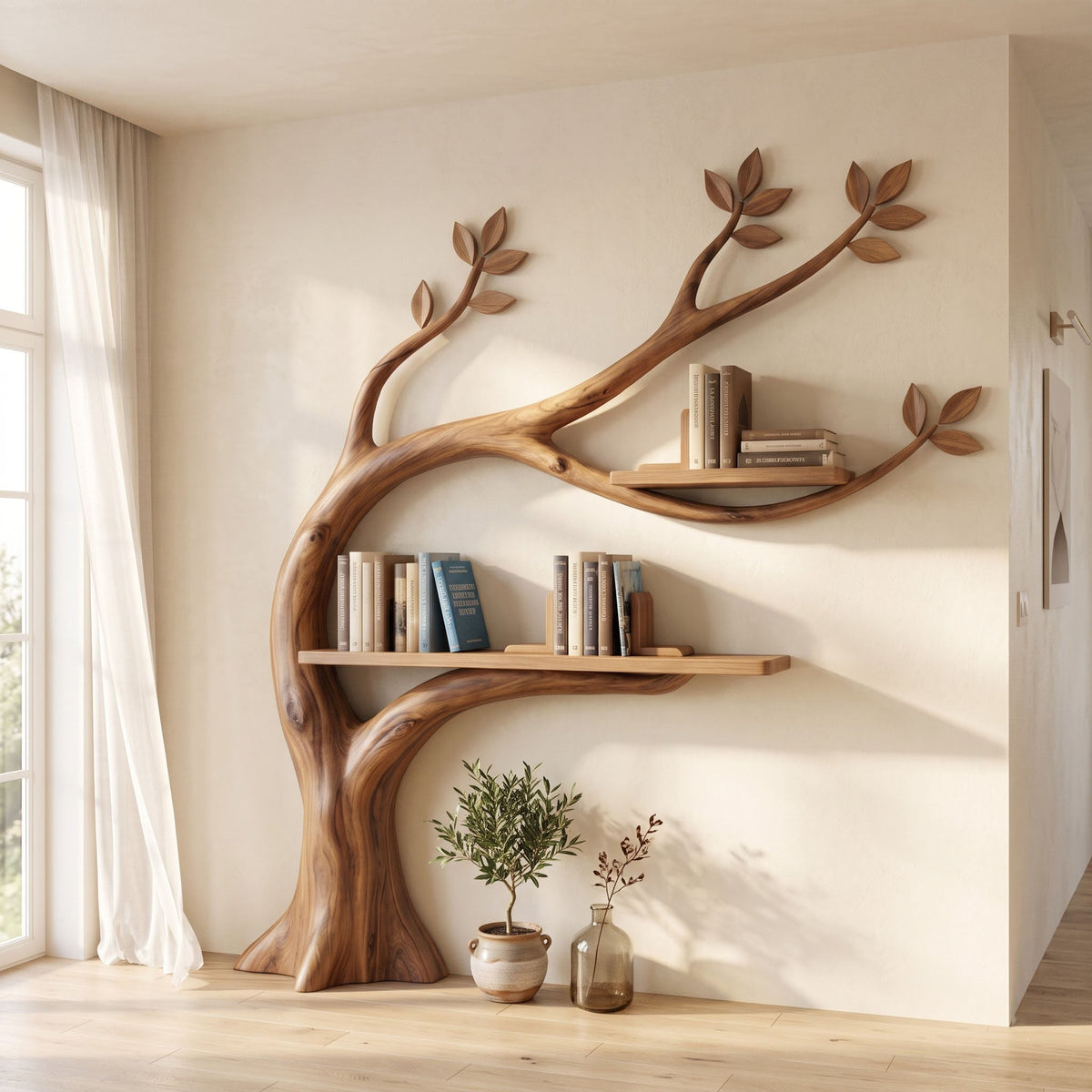 Curved trunk botanical wall bookshelf in solid wood
