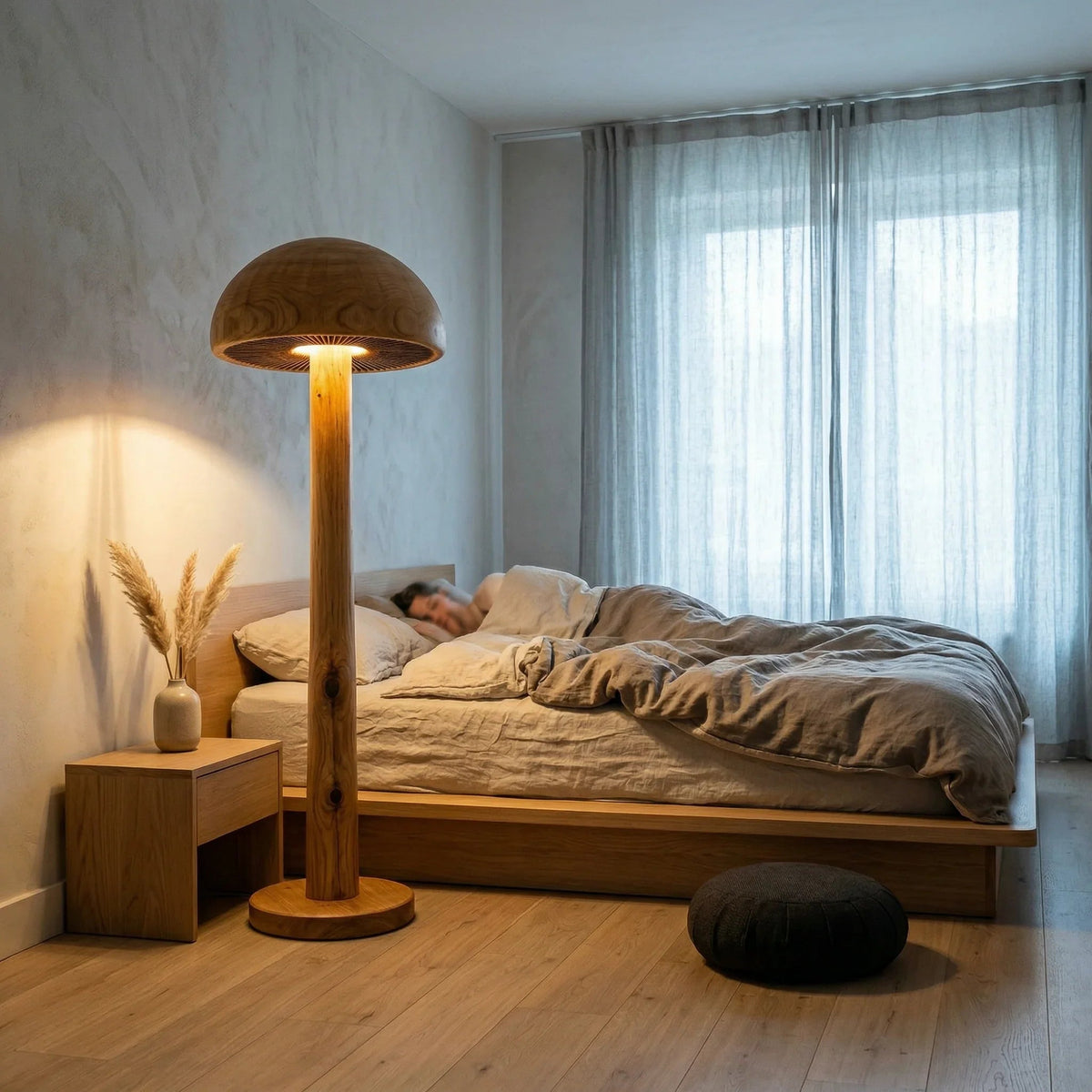 Mushroom floor lamp with hand-carved wood details next to bed in cozy bedroom