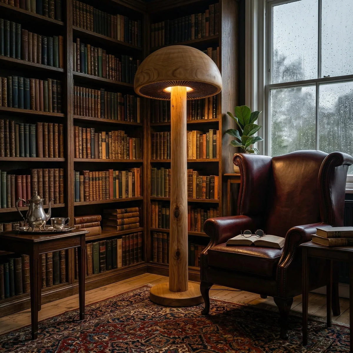Deep dome mushroom floor lamp with carved gill detail, solid wood stem, in cozy library
