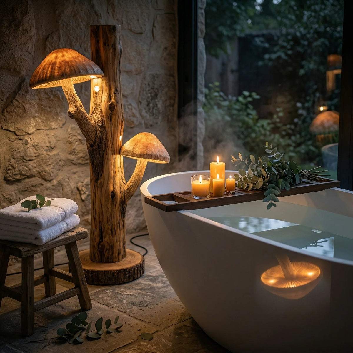 Dual mushroom-shaped floor lamp with carved wood, beside modern bathtub and candles in rustic bathroom