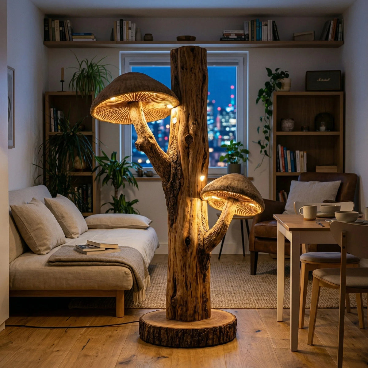 Dual mushroom-shaped floor lamp with hand-carved wood on tree trunk base in cozy living room