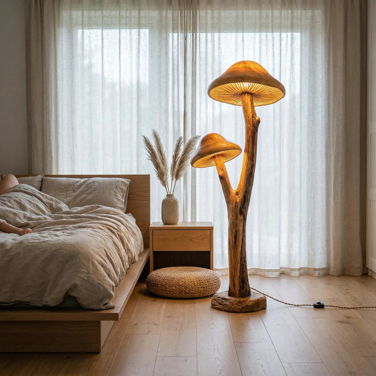 Mushroom floor lamp with sculpted wood base and two illuminated caps in cozy bedroom setting