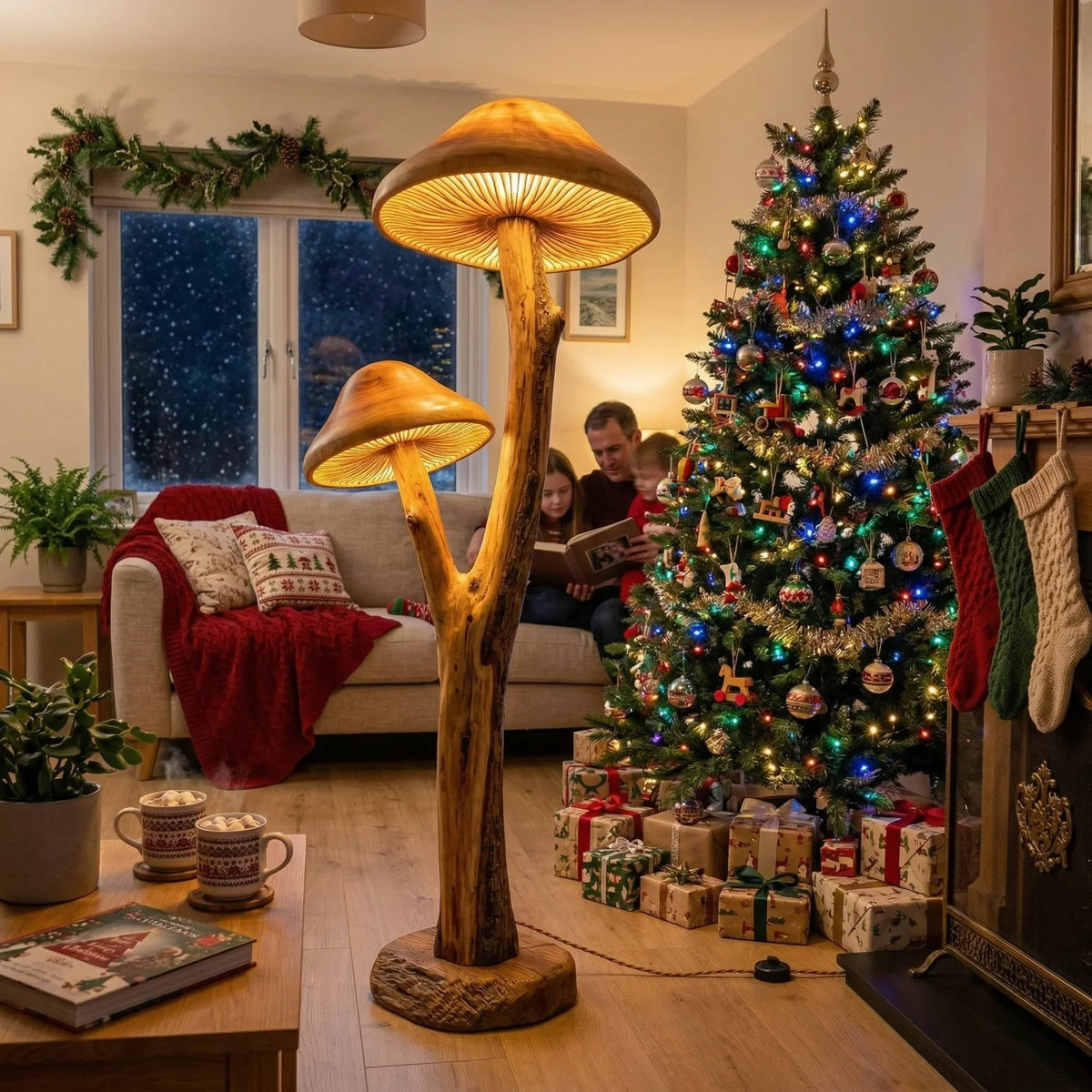 Dual mushroom-shaped floor lamp with sculpted wood base in cozy holiday living room
