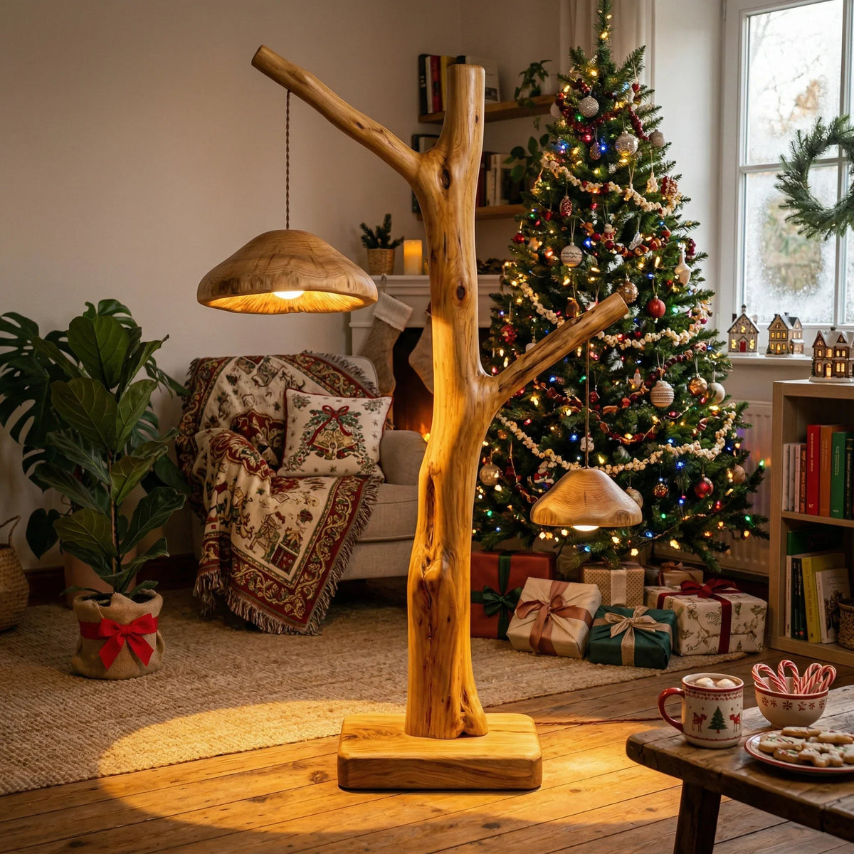 Tree floor lamp with dual mushroom-shaped wooden pendants in cozy living room, Christmas decor