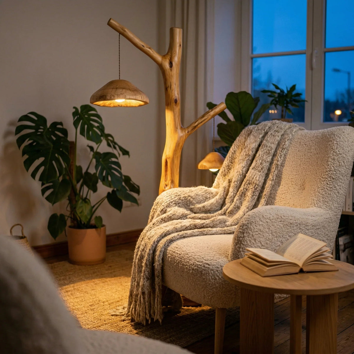 Dual pendant mushroom cap floor lamp with natural wood branch base in cozy living room
