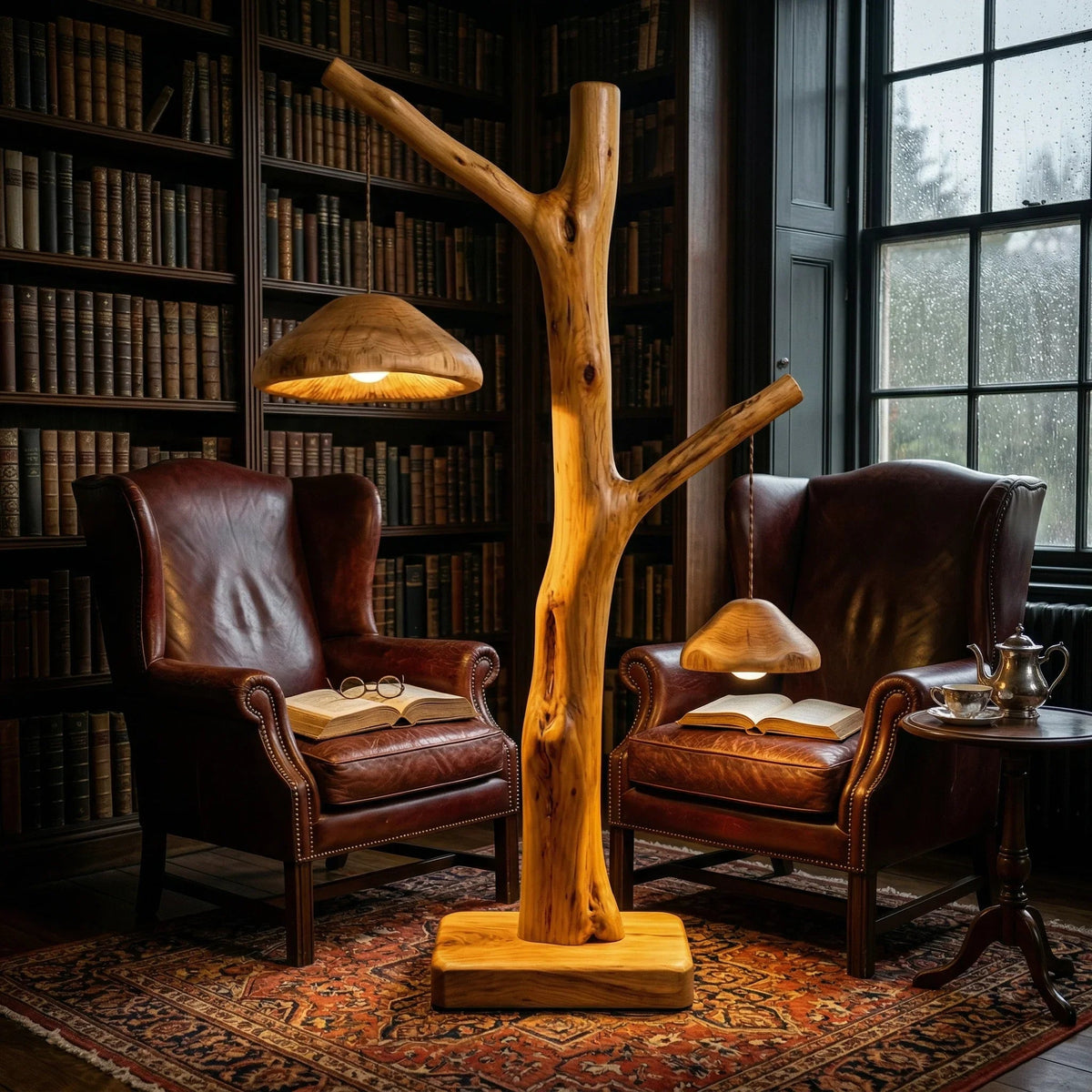 Dual pendant floor lamp with mushroom-inspired wood shades on a natural branch base, in a cozy reading nook.