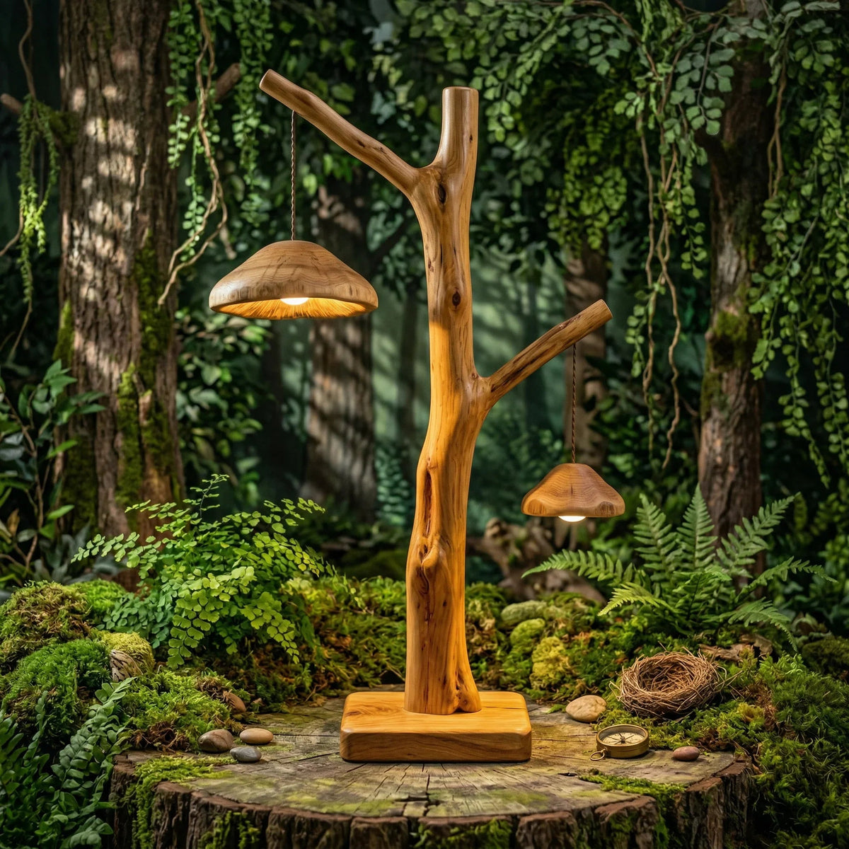 Dual pendant floor lamp with mushroom-shaped wood shades on natural tree branch base, forest setting