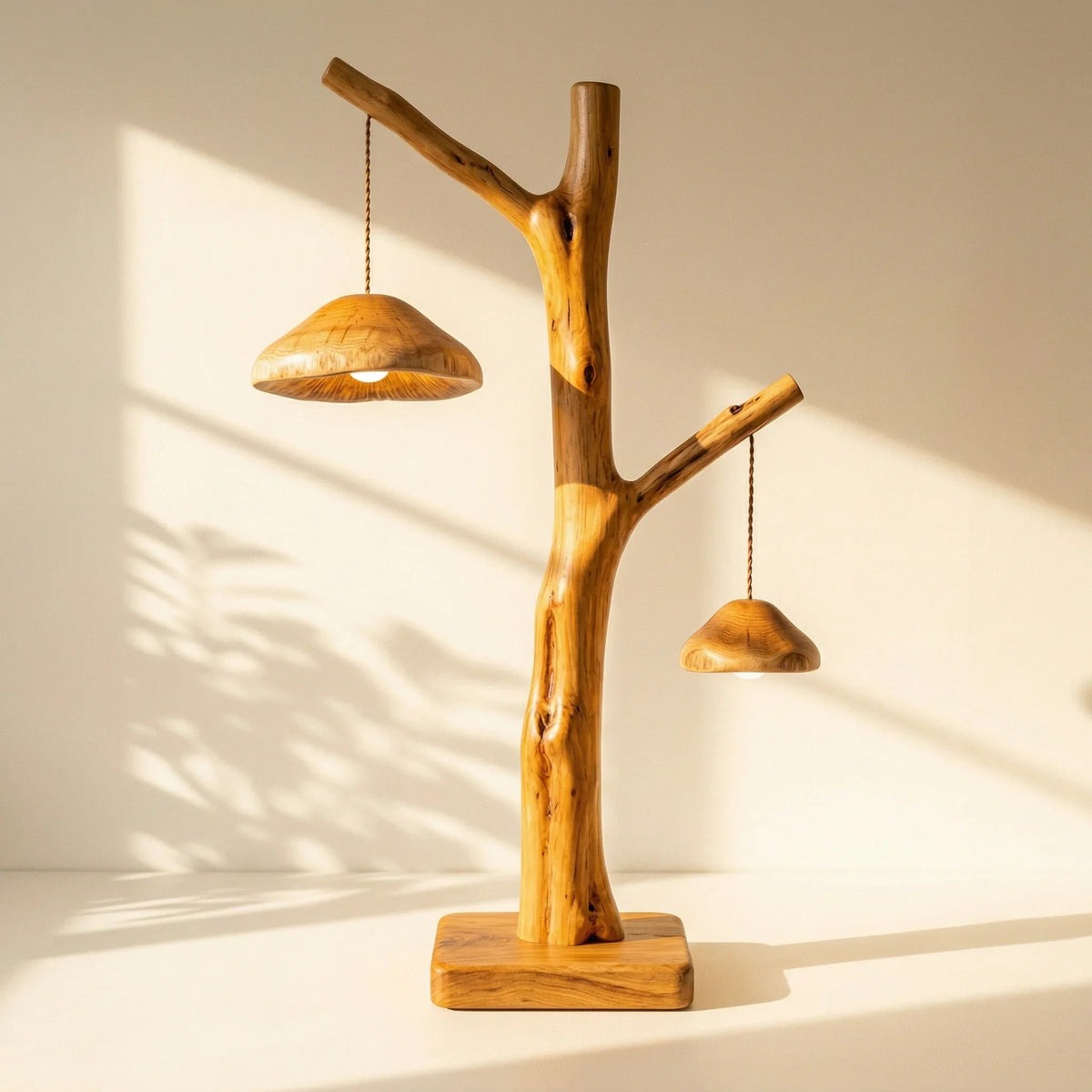 Solid wood floor lamp with natural tree branch trunk and two mushroom-shaped pendant lights