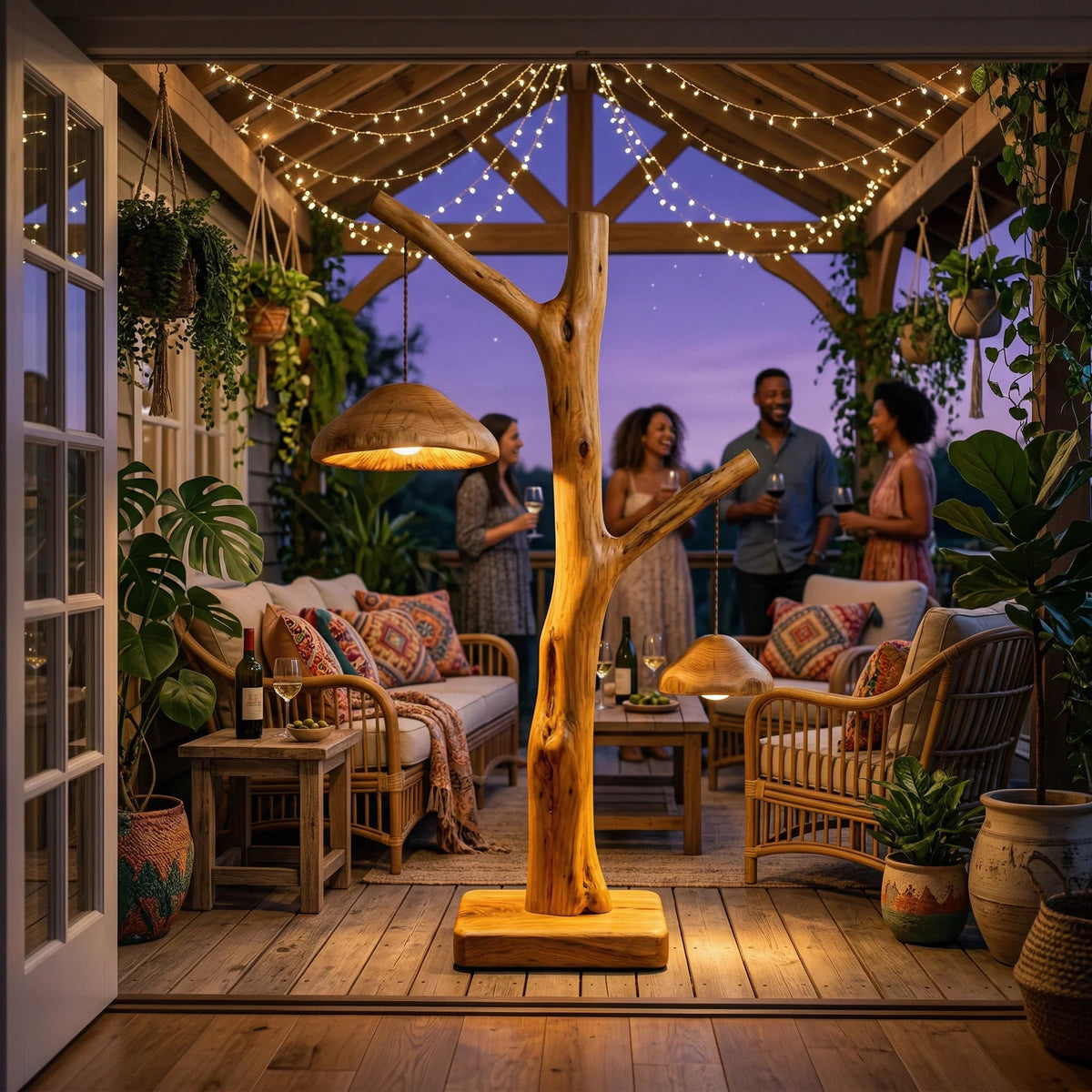 Dual pendant mushroom floor lamp with wood base in cozy patio, people socializing