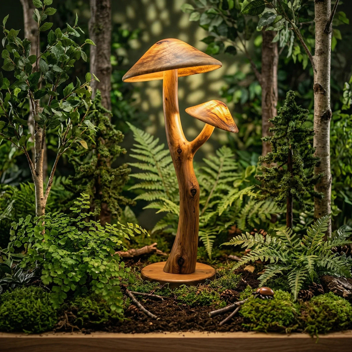 Dual mushroom floor lamp with glowing wood caps on sculpted branch stem, forest setting