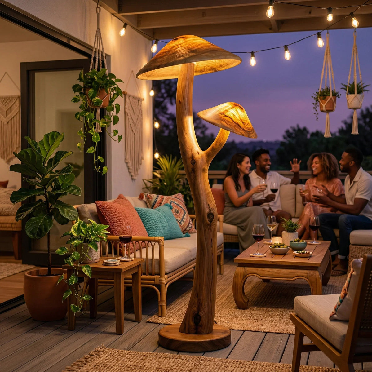 Dual translucent mushroom floor lamp with glowing wood caps on sculpted branch stem, walnut base, on cozy outdoor patio with seating and string lights.