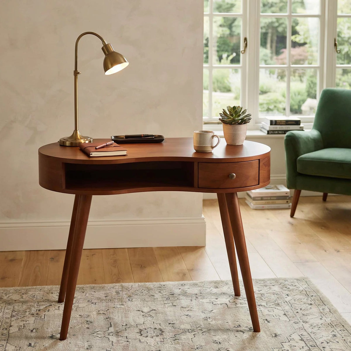 Elegant curved desk table crafted from premium solid wood with a live edge style
