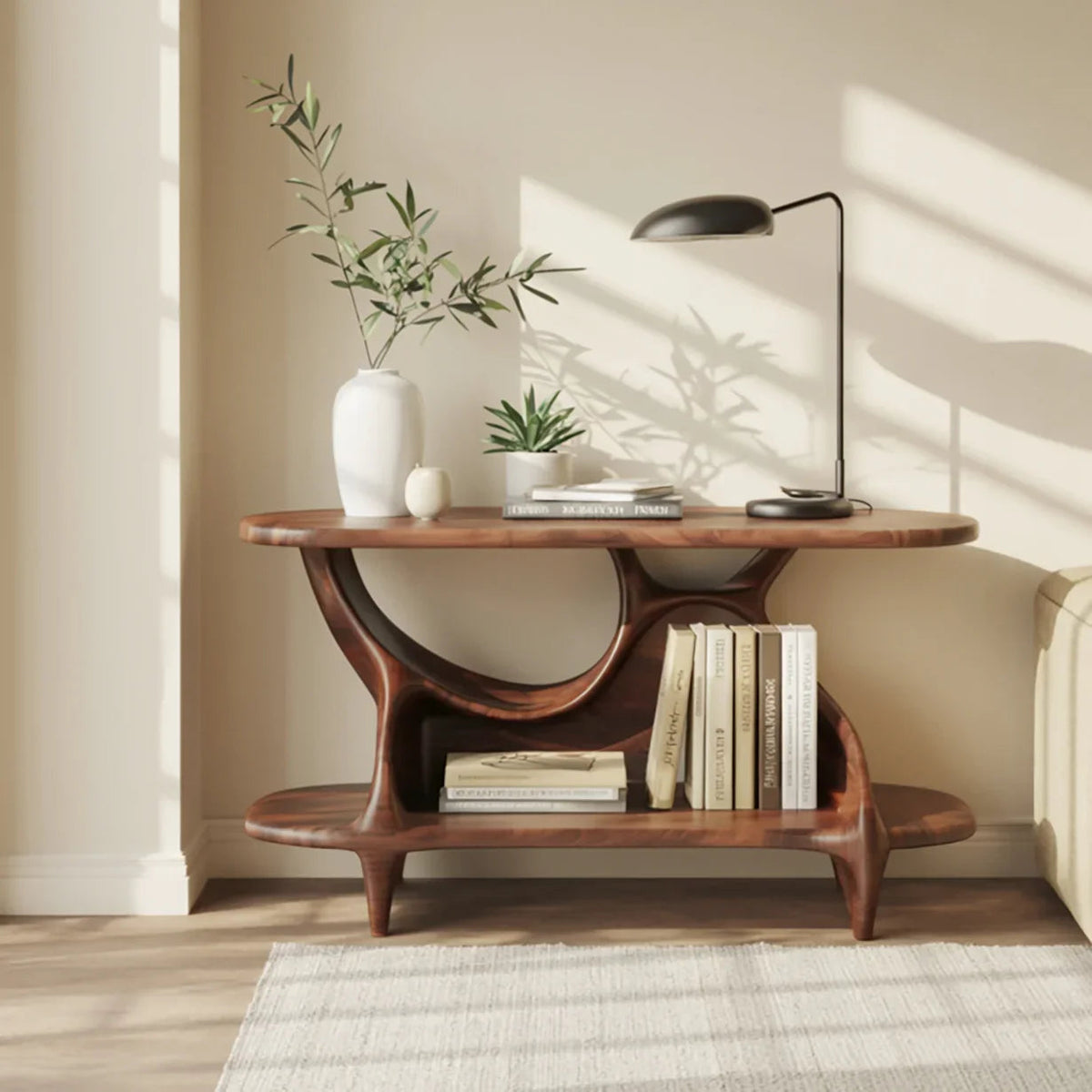 Minimalist wooden bridge shelf for reading nook decor