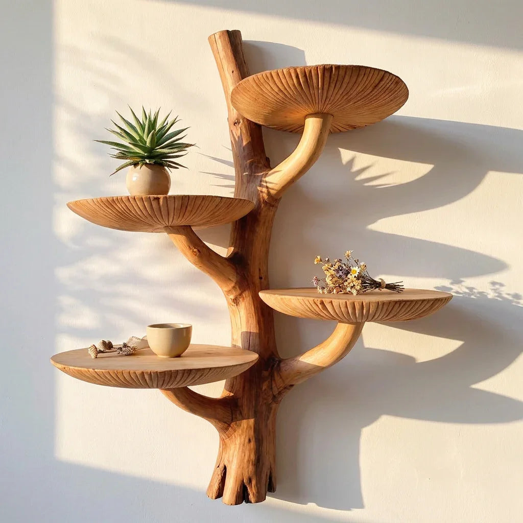 Mushroom Tree Wall Shelf with Root Base and 4 Dished Caps - Handcrafted Two-Tone Solid Wood Floating Shelf for Living Room, Bedroom, Entryway - Ashdeco 2026