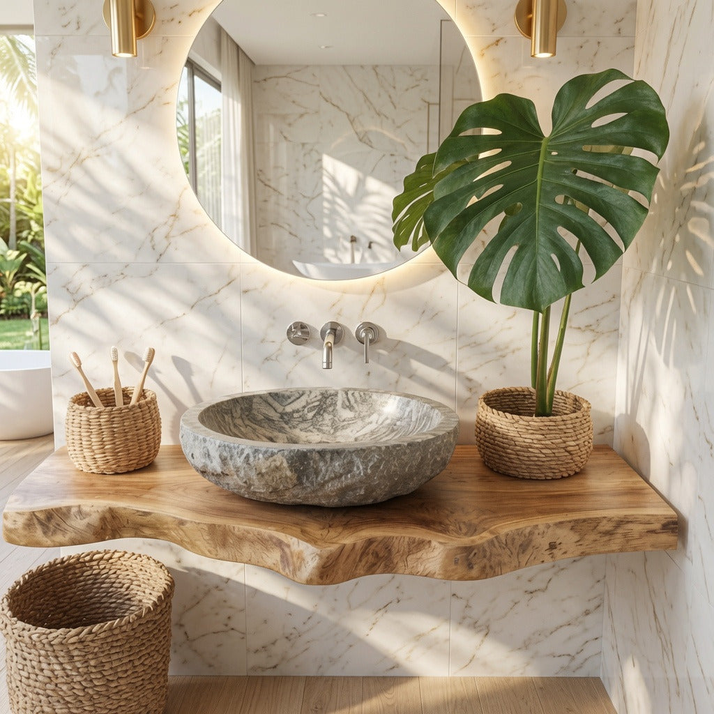 Rustic wooden bathroom vanity crafted from natural hardwood