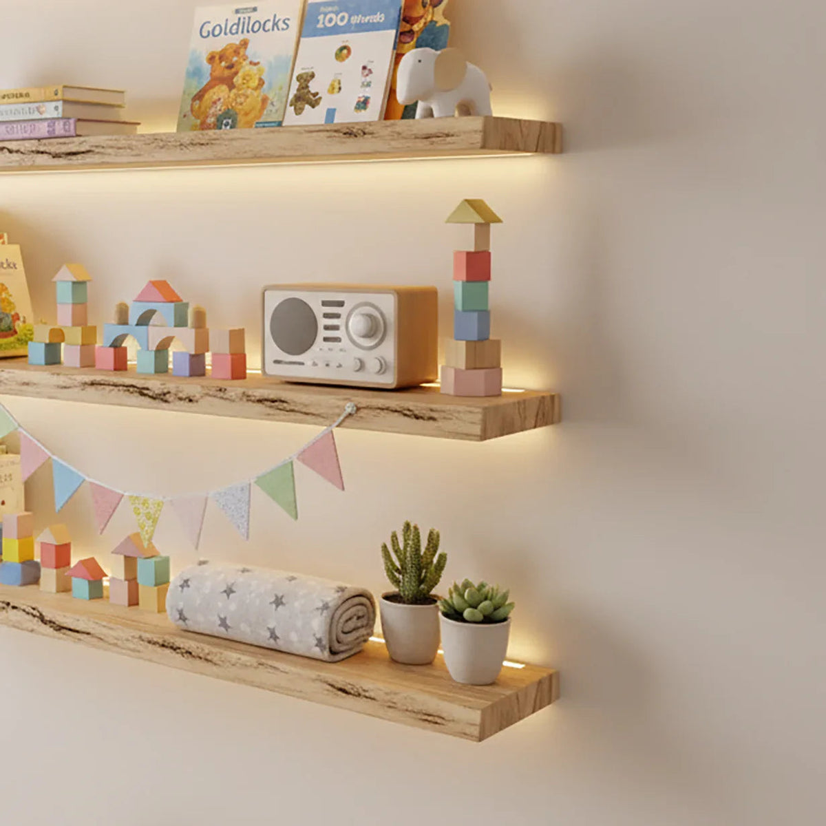 wooden floating shelves mounted on nursery wall displaying baby books and decorative items