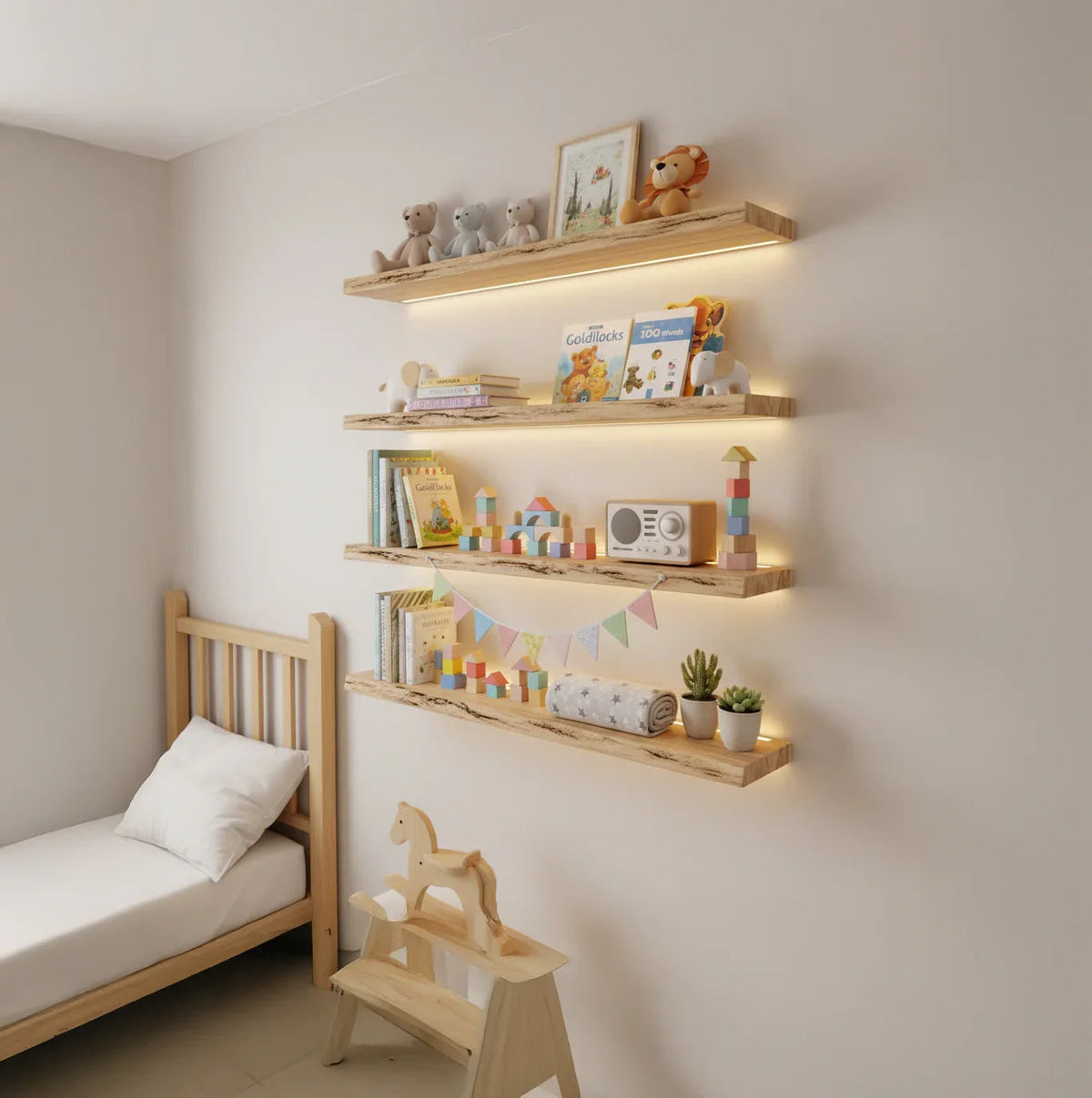 wooden floating shelves mounted on nursery wall displaying baby books and decorative items