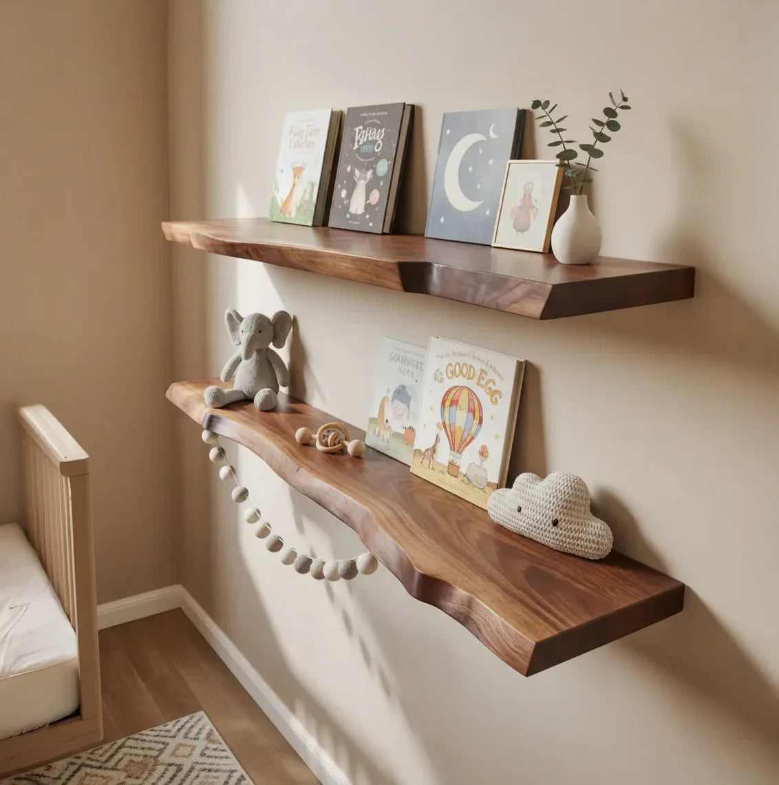 natural handcrafted floating nursery shelves with books and toys in a cozy baby room