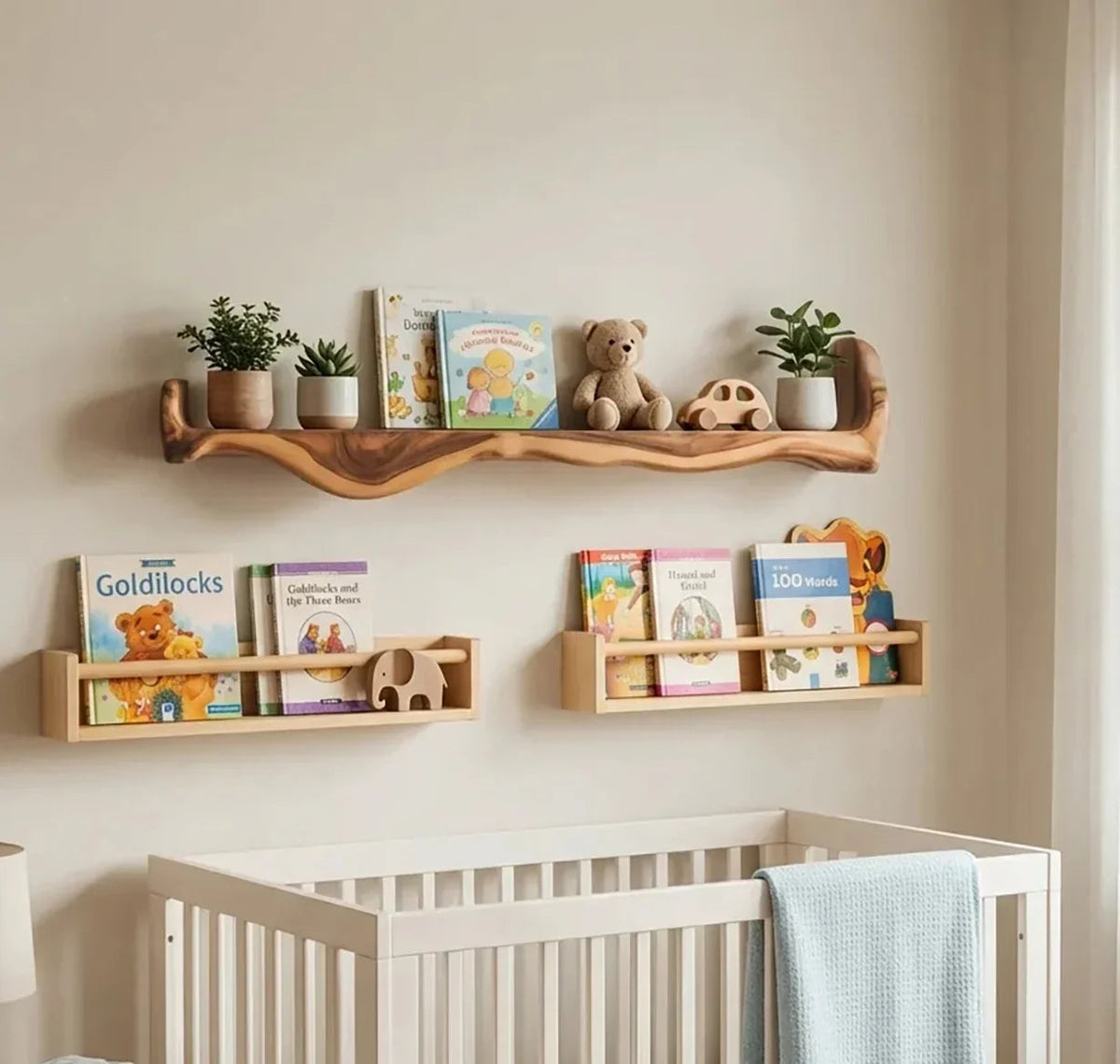 handcrafted live edge floating shelves in nursery with books, toys, and soft decor