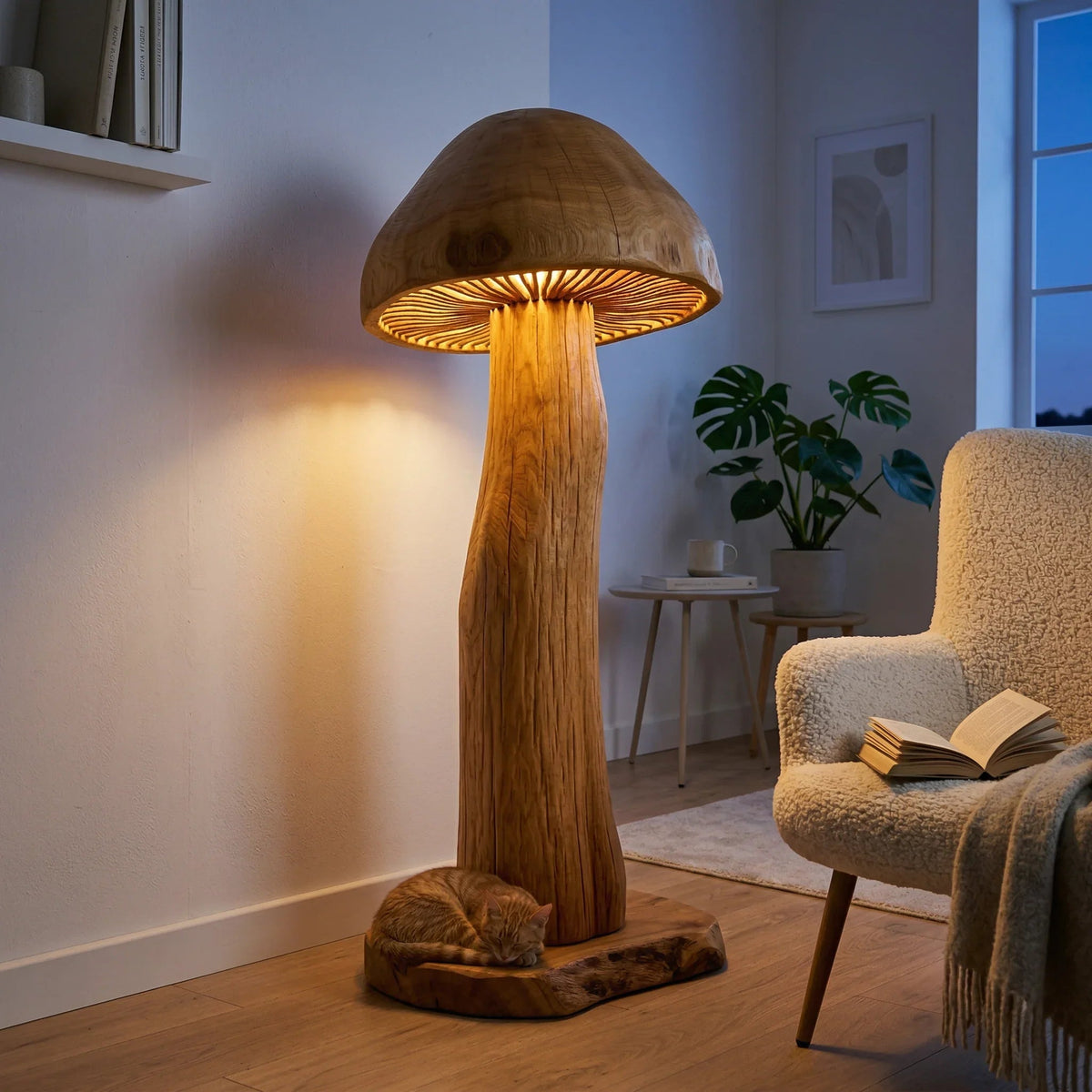 Giant mushroom-shaped floor lamp carved from solid wood with gill details, glowing in cozy living room