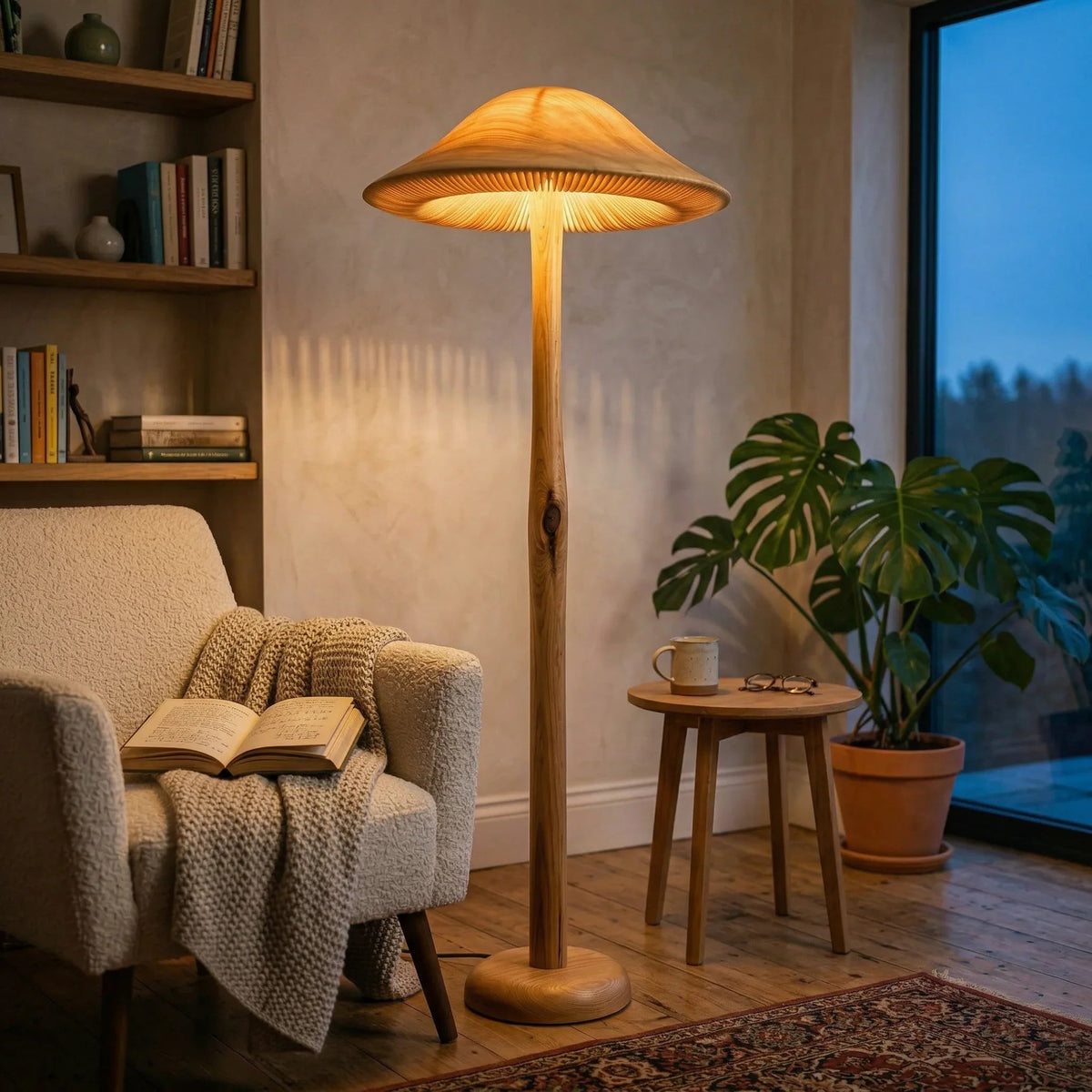 Golden mushroom-shaped floor lamp with wood stem in cozy living room setting