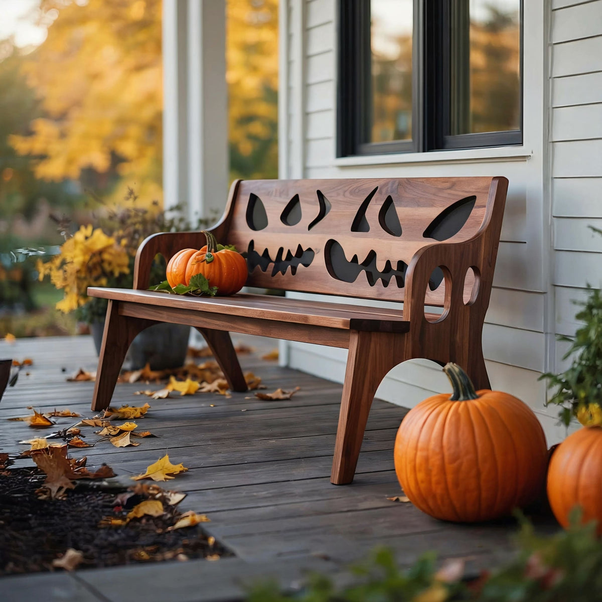 Halloween Jack-o'-lantern bench in solid wood