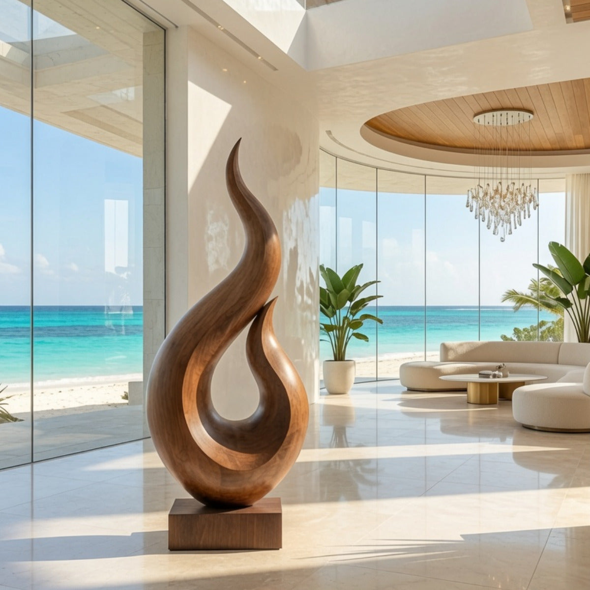 Contemporary wooden sculpture enhancing a minimalist living room
