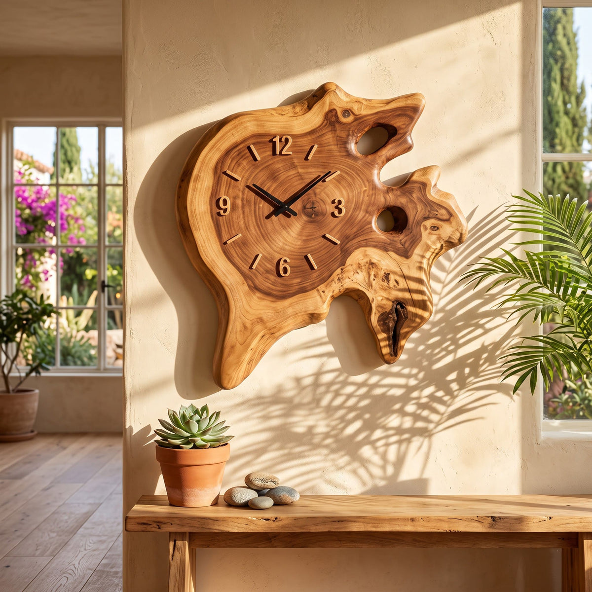 Handcrafted live-edge burl wall clock in solid wood