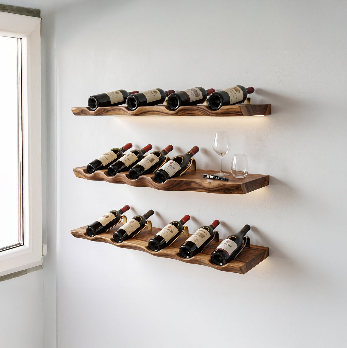 Live edge floating whiskey and wine bar made from solid wood