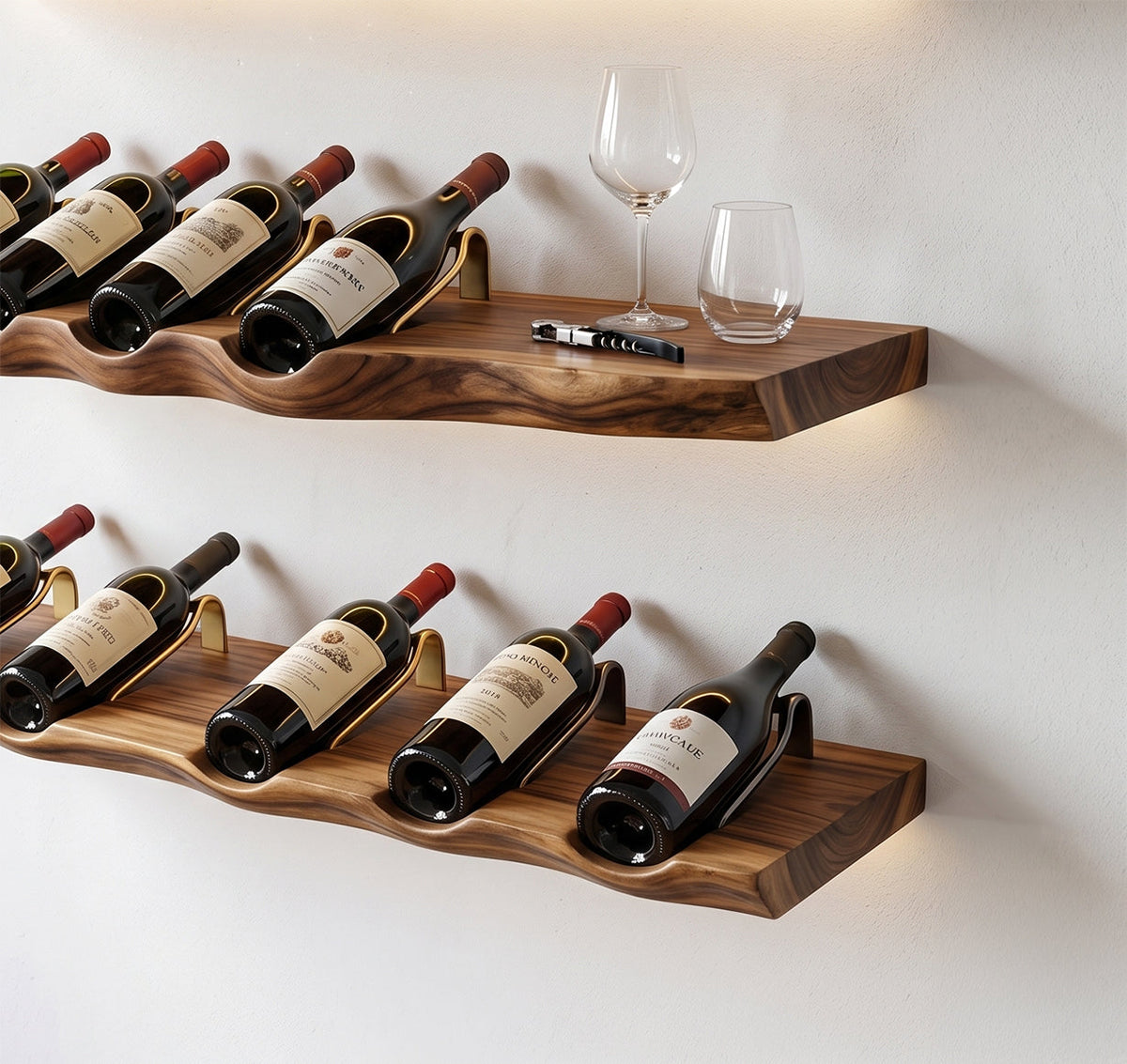 Handcrafted wall mounted bottle display shelf for home bar