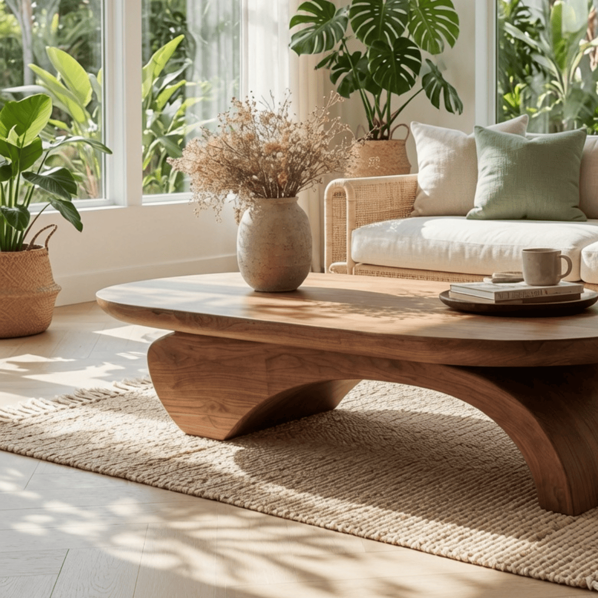 Organic modern wooden coffee table crafted from natural hardwood