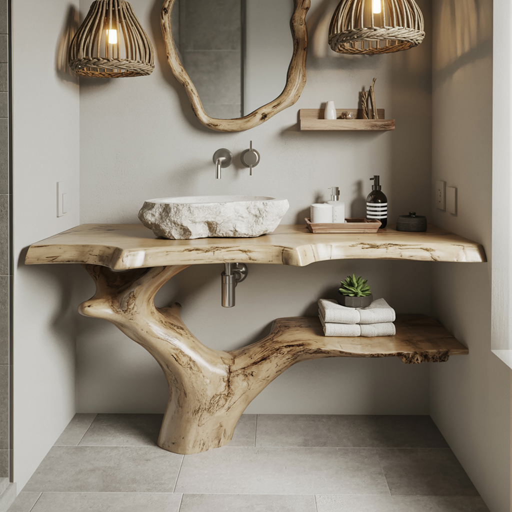 Rustic modern bathroom vanity with natural wood grain finish