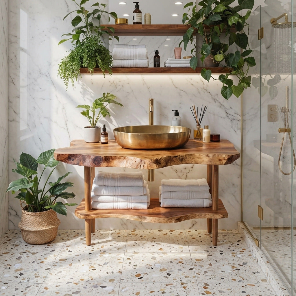 Handcrafted natural edge bathroom vanity in solid wood