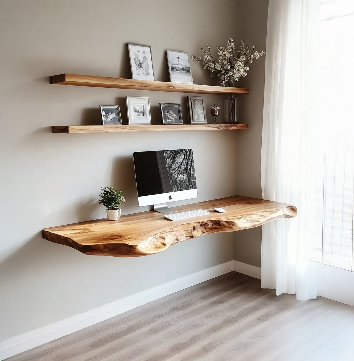 Live edge solid wood floating shelves with organic design