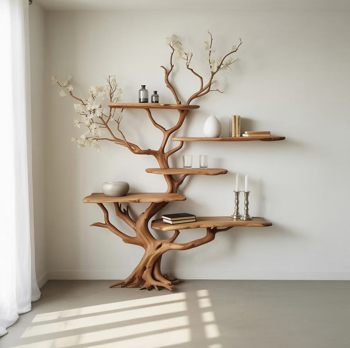 Floating tree bookshelf with white blossoms and candles against a white wall
