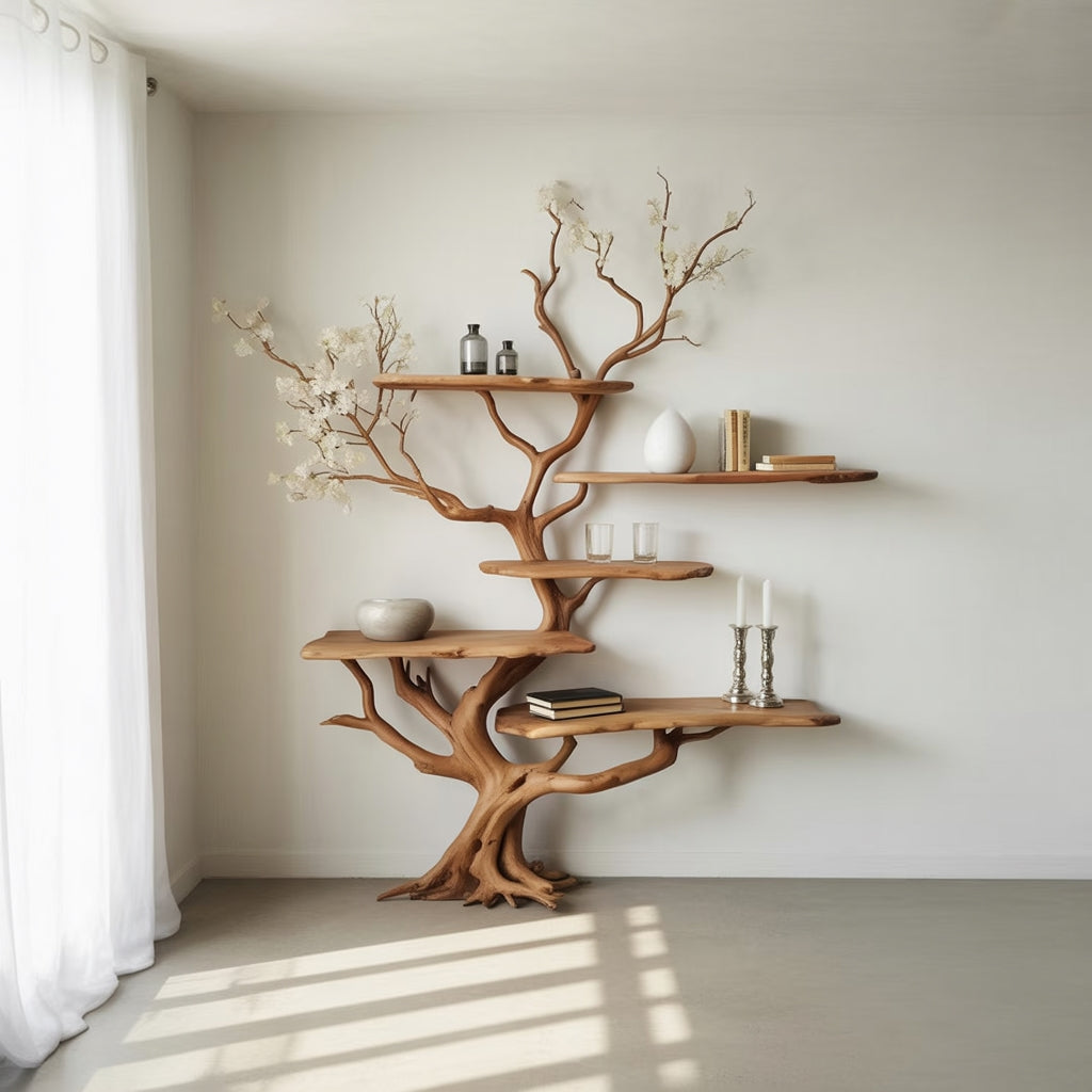 Tree bookshelf displaying books, glasses, and candlesticks on organic branches