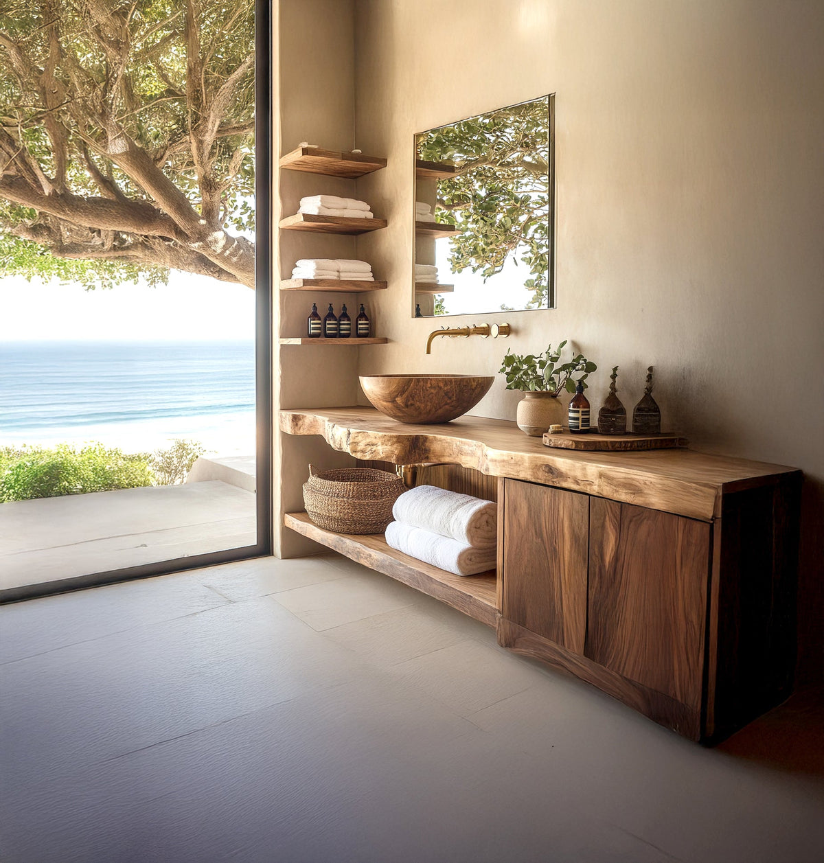 Handcrafted Solid Wood Floating Bathroom Vanity with Cabinet & Shelves