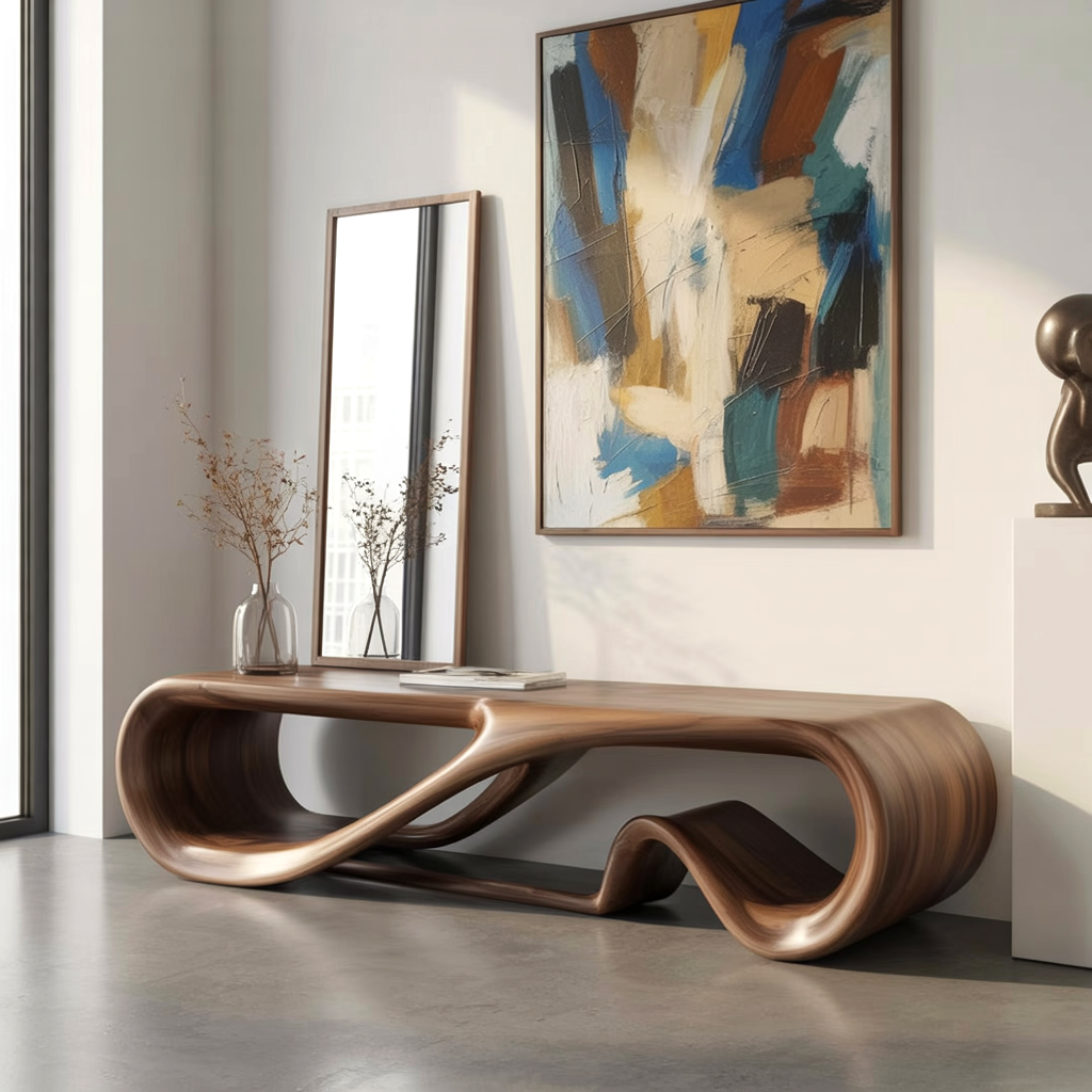 Artistic solid wood seating bench with sculptural form