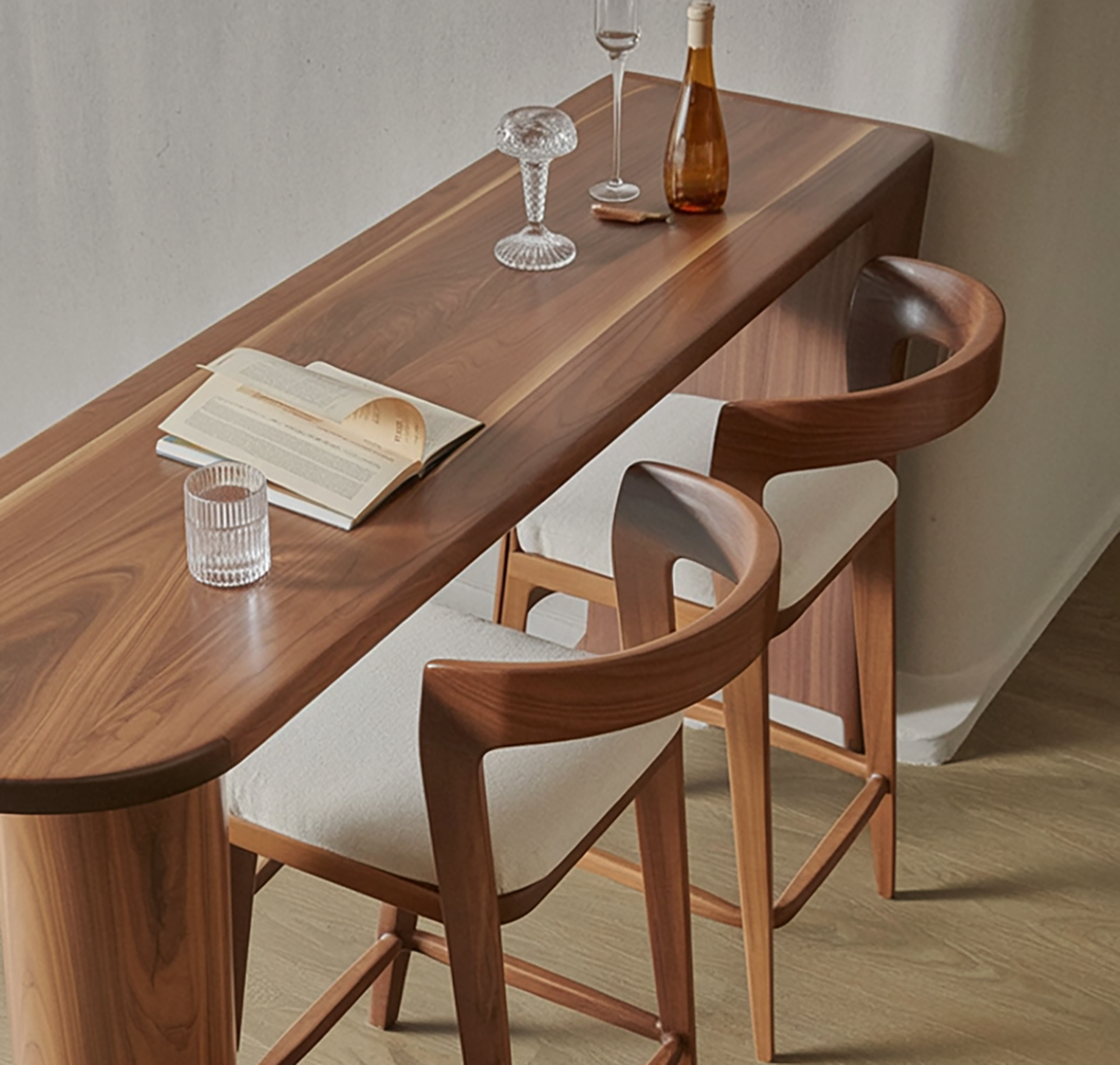 Organic solid wood table for dining room or kitchen bar