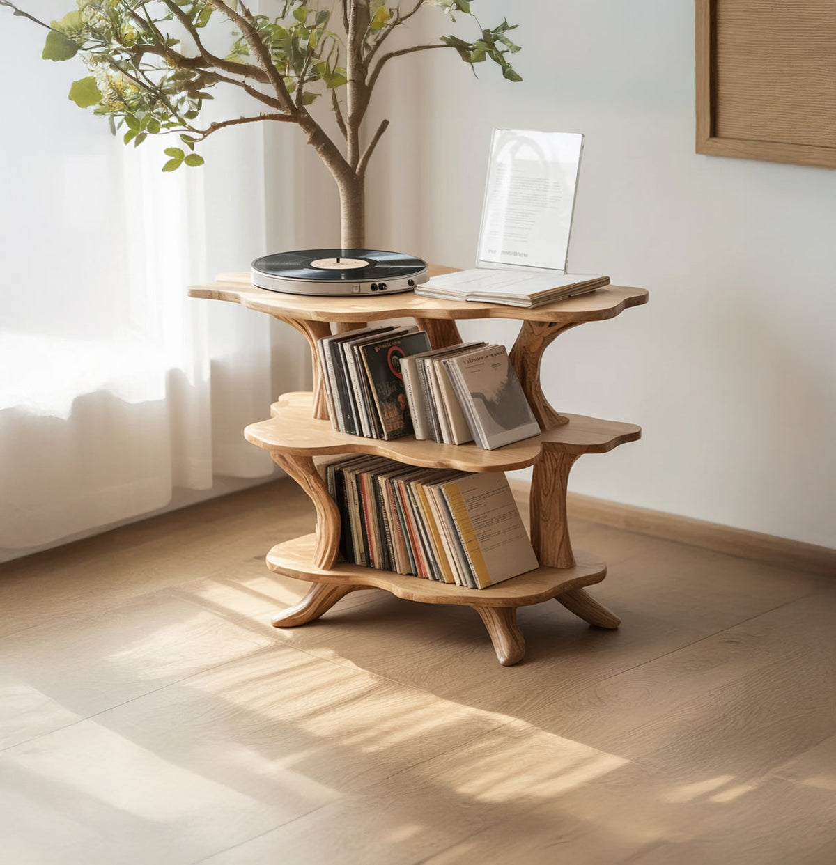 Organic solid wood record cabinet displaying turntable and vinyl record collection