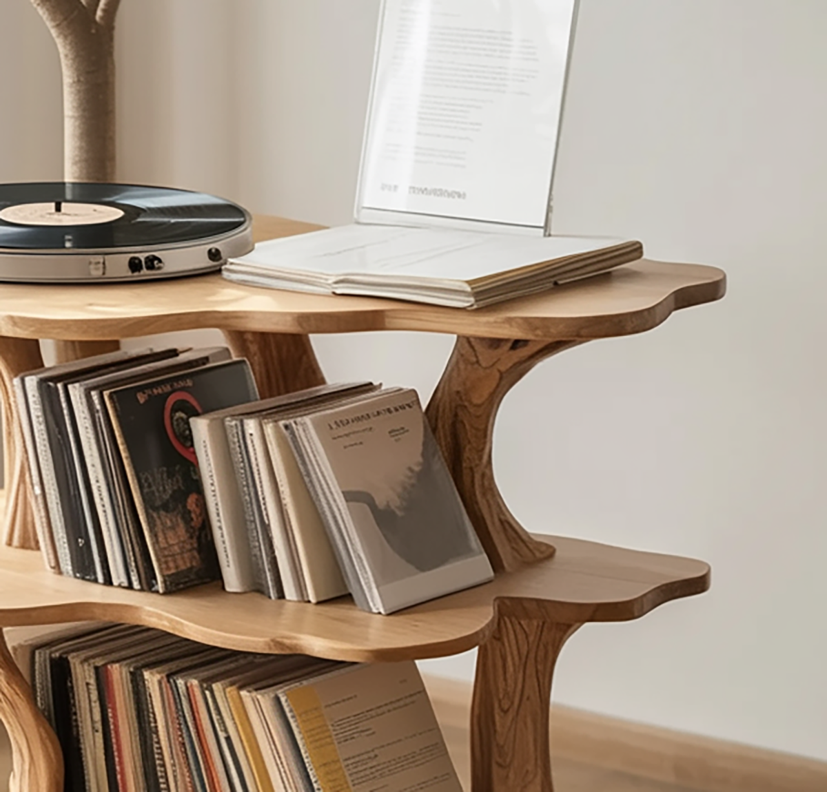 Natural wood corner record player stand with three tier shelves