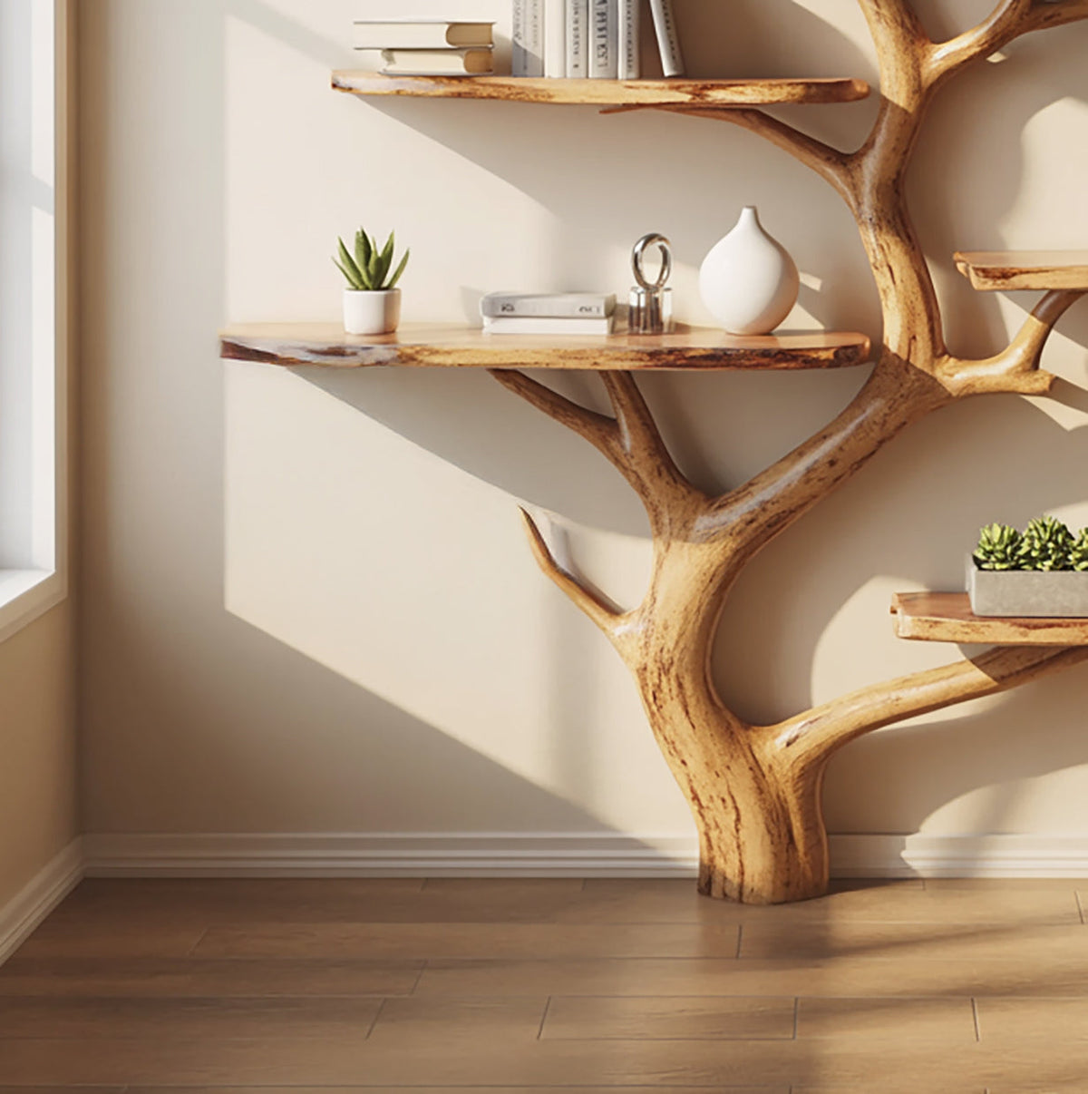 Floating tree bookshelf displaying small succulents and white vases next to window