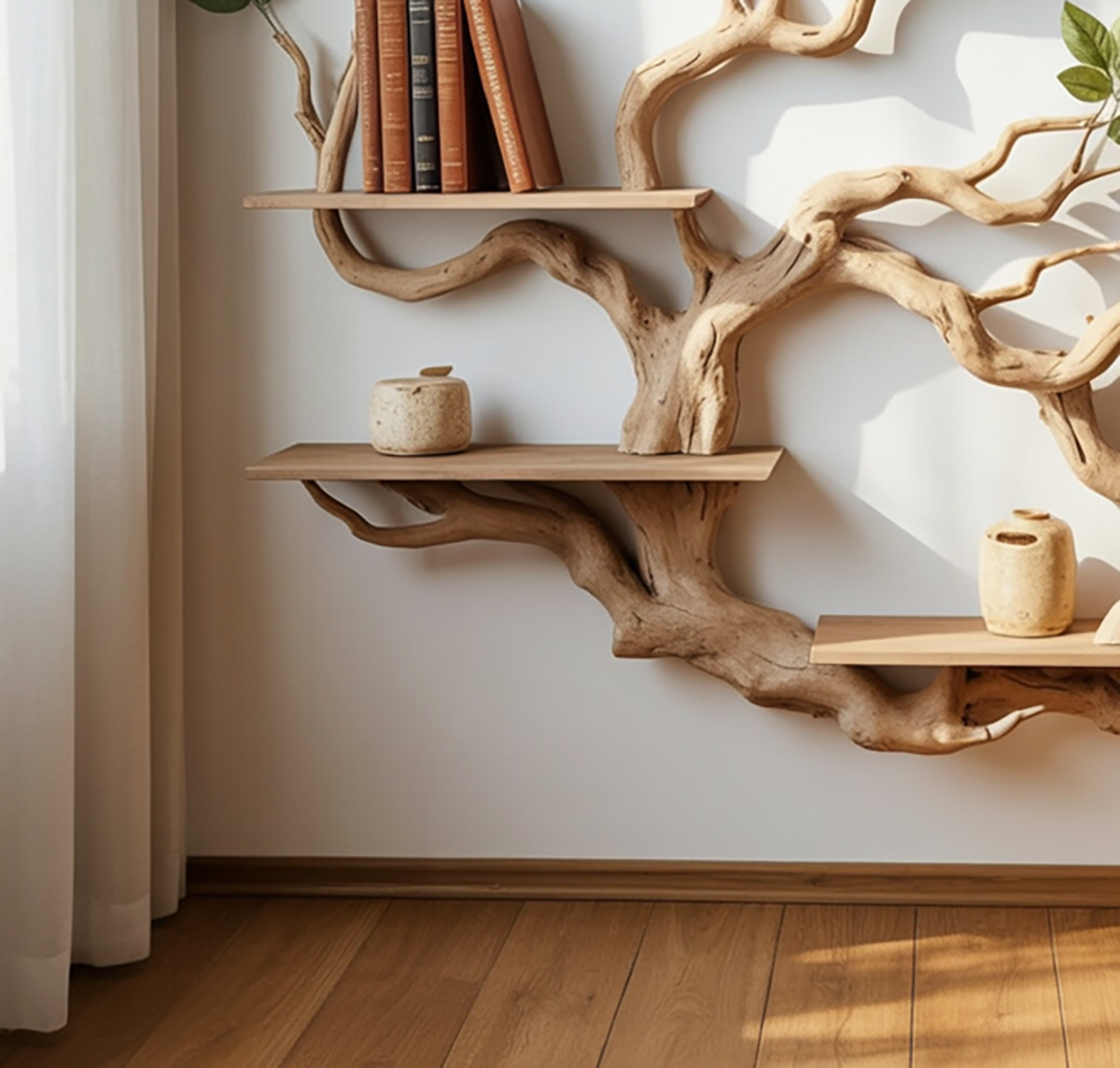 Driftwood tree bookshelf with green leaves mounted next to a white curtain