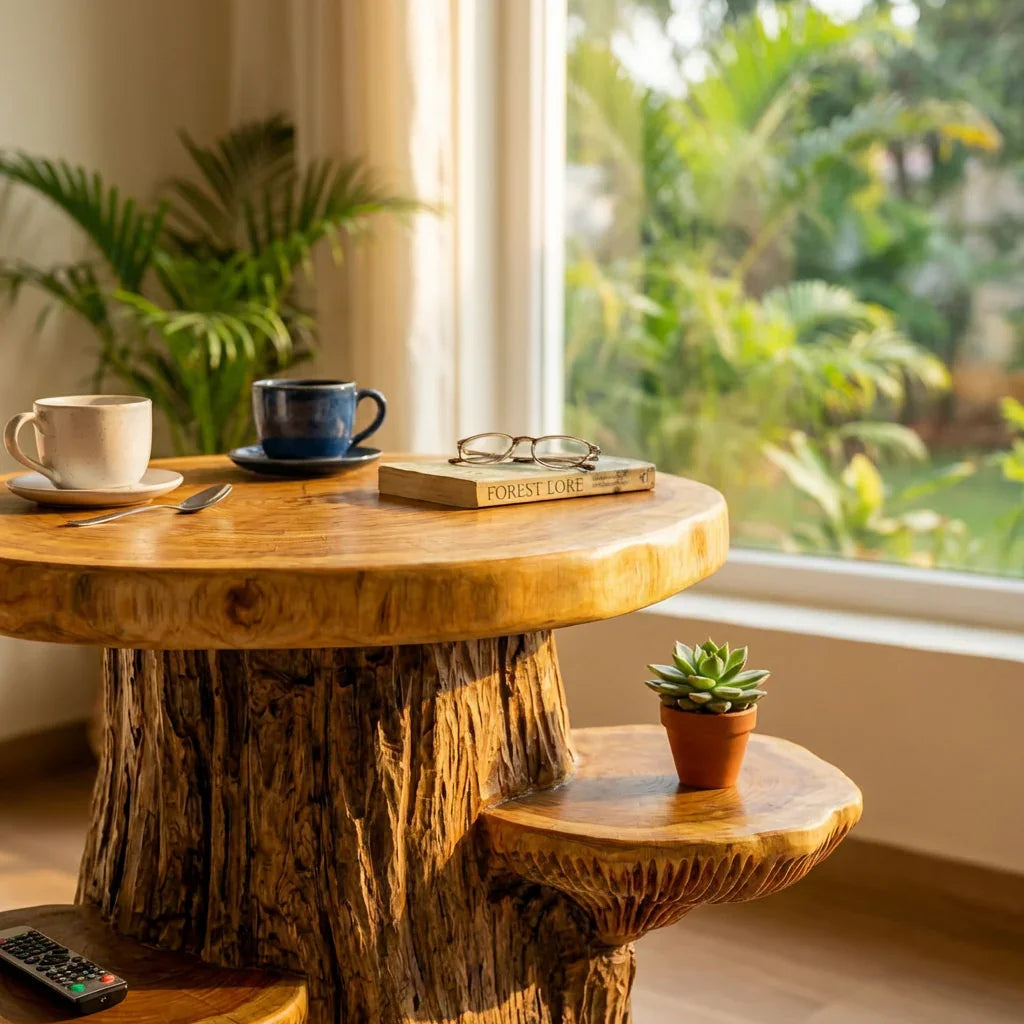 Mushroom Tree Side Table with Round Top and 2 Cap Shelves, Handcrafted Two-Tone Solid Wood Table for Living Room, Bedroom, Sofa Side - Ashdeco 2026
