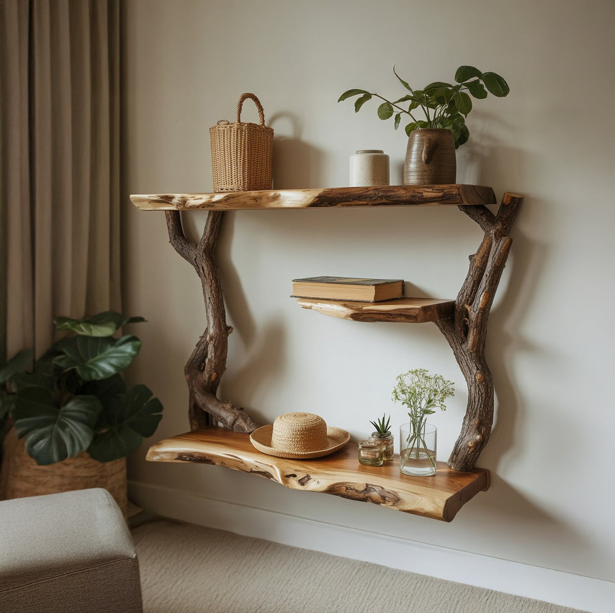Handcrafted Tree Bookshelf Wall Mounted Sculptural Solid Wood Shelf