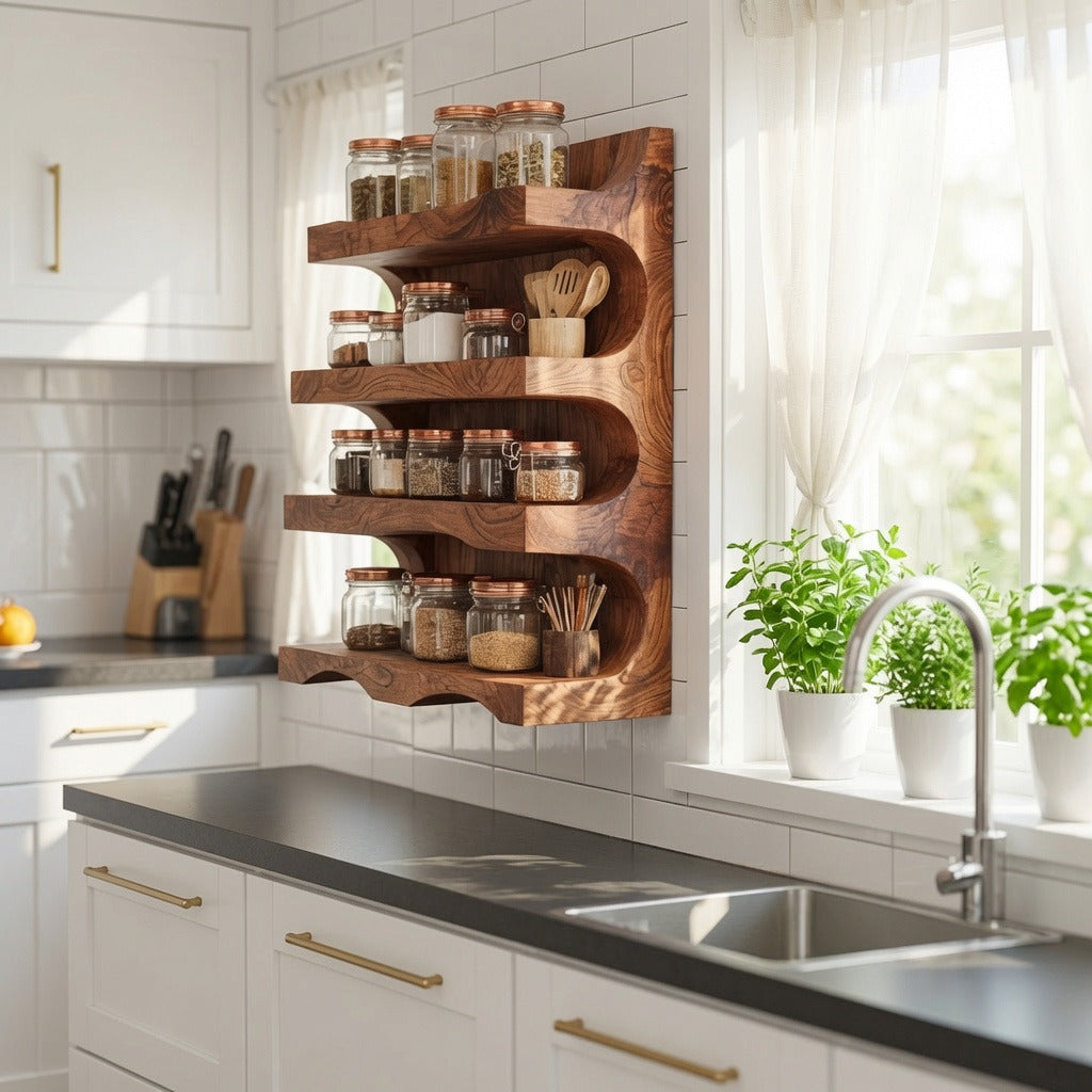 Handmade farmhouse spice storage rack in solid wood