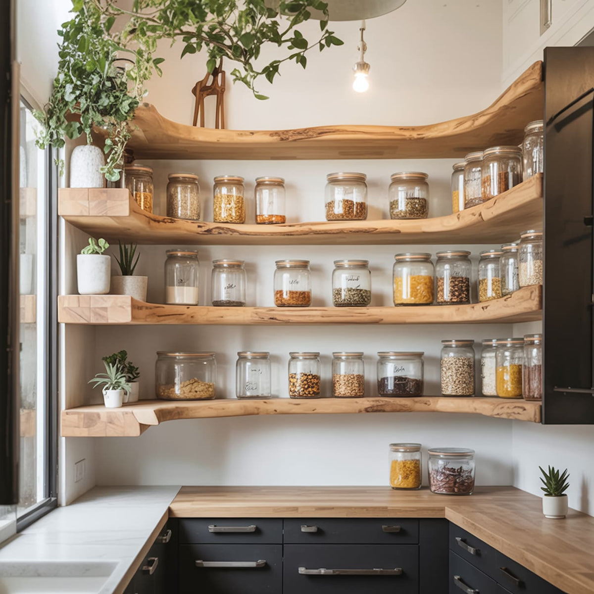 Handcrafted live edge corner kitchen shelf in solid wood with integrated LED