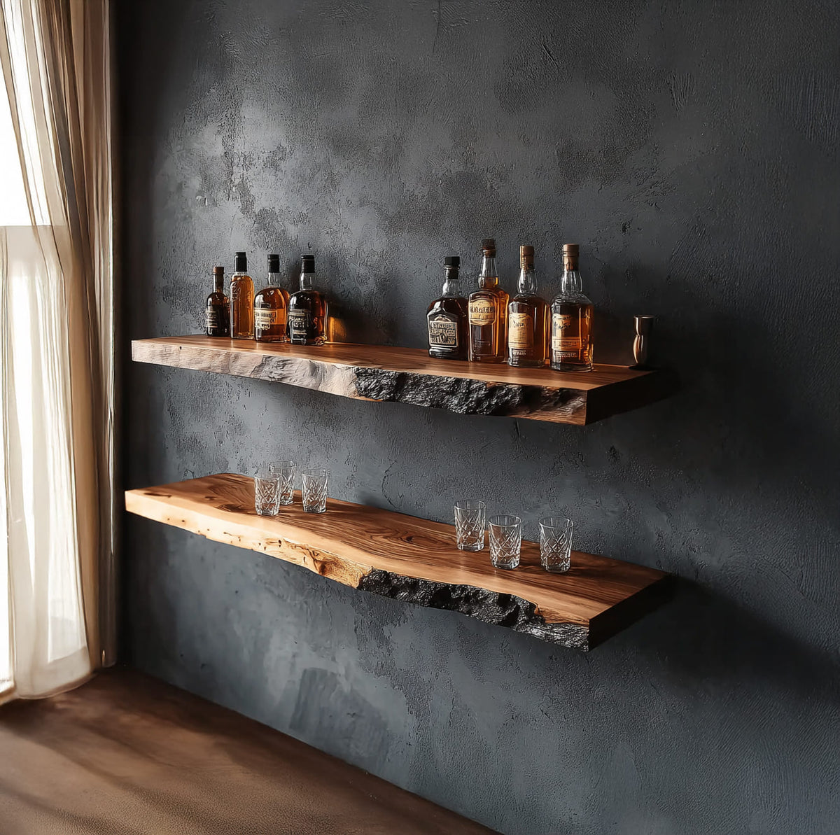 Rustic industrial floating bar shelves crafted from natural hardwood